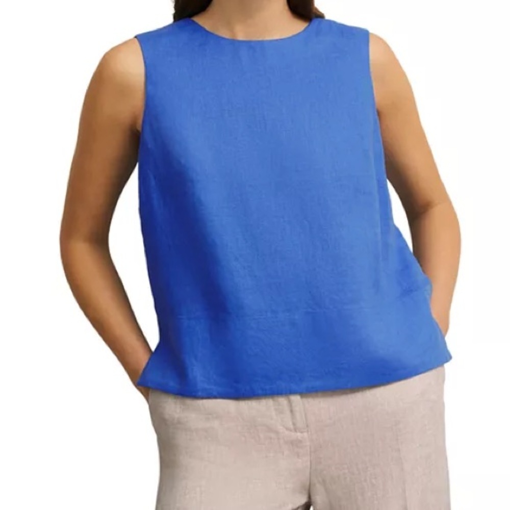HOBBS London Malindi Linen Top Blue Sleeveless Crewneck Relaxed Fit 12